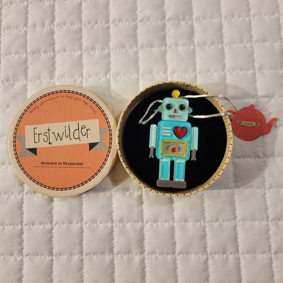 NWT Erstwilder Nuts & Bolts Blue Robot Resin Brooch Heart Steampunk Silver Plate
